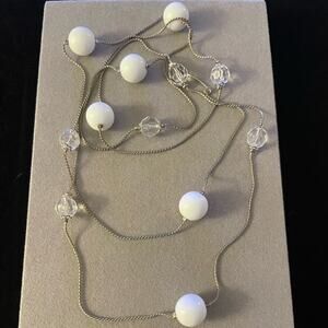 Vintage White and Clear Station Bead Silver Tone Necklace